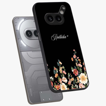 Floral Design With a Custom Personalized Name Glass Case displayed in angled mockup highlighting elegant floral pattern with custom name feature.