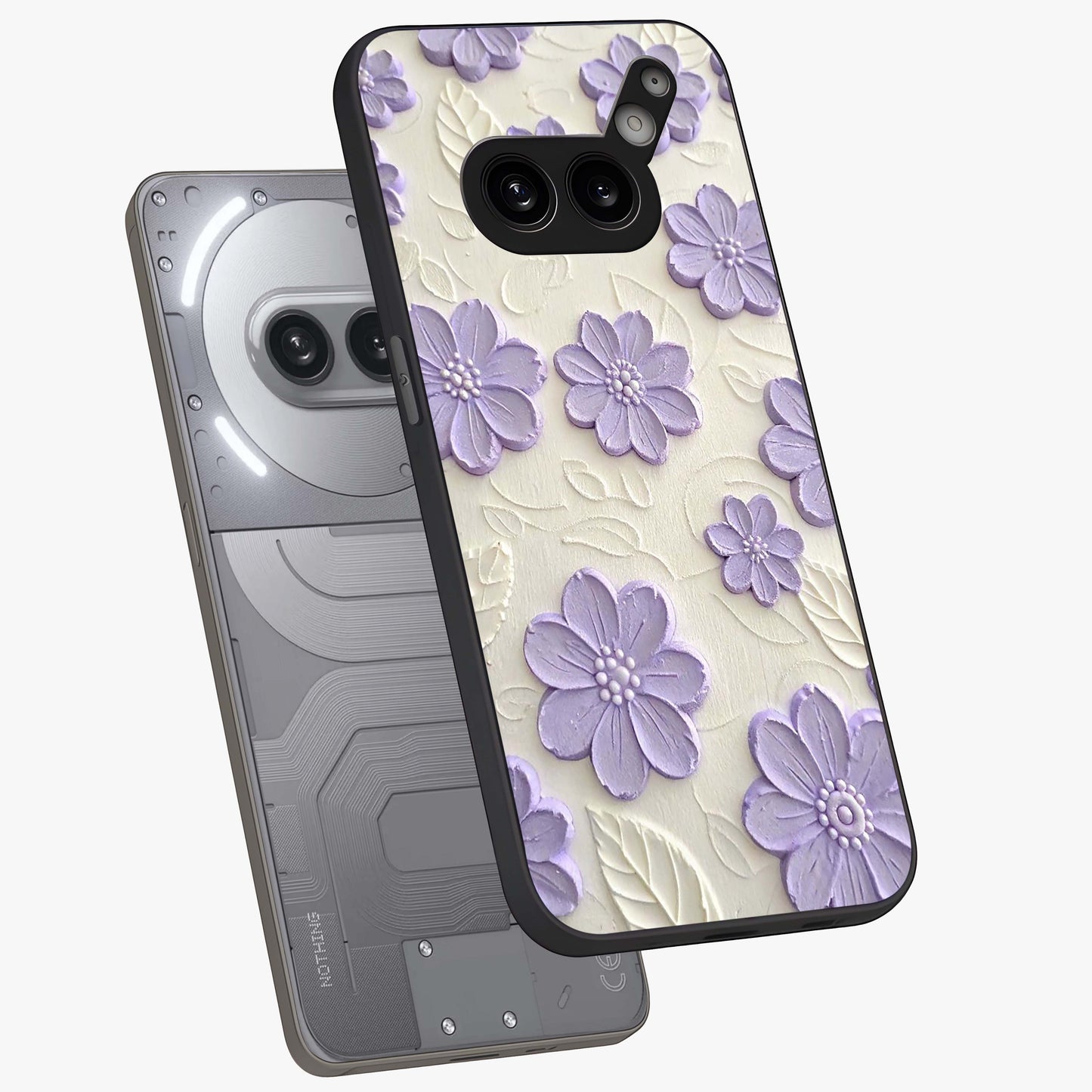 Floral Wall Art With Purple Flowers Glass Case displayed in angled mockup highlighting vibrant purple floral illustration with artistic aesthetic.