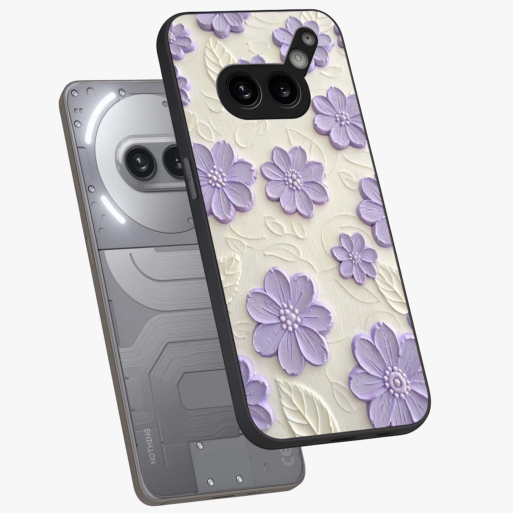 Floral Wall Art With Purple Flowers Glass Case displayed in angled mockup highlighting vibrant purple floral illustration with artistic aesthetic.