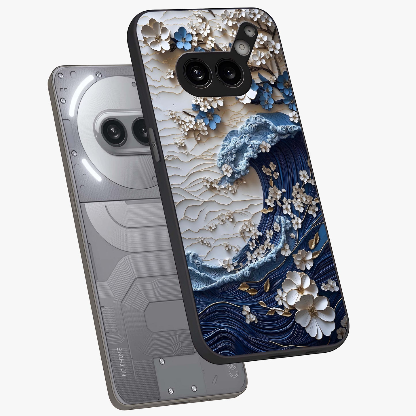 Floral Wave Origami Glass Case displayed in angled mockup highlighting geometric origami flower design with modern aesthetic style.