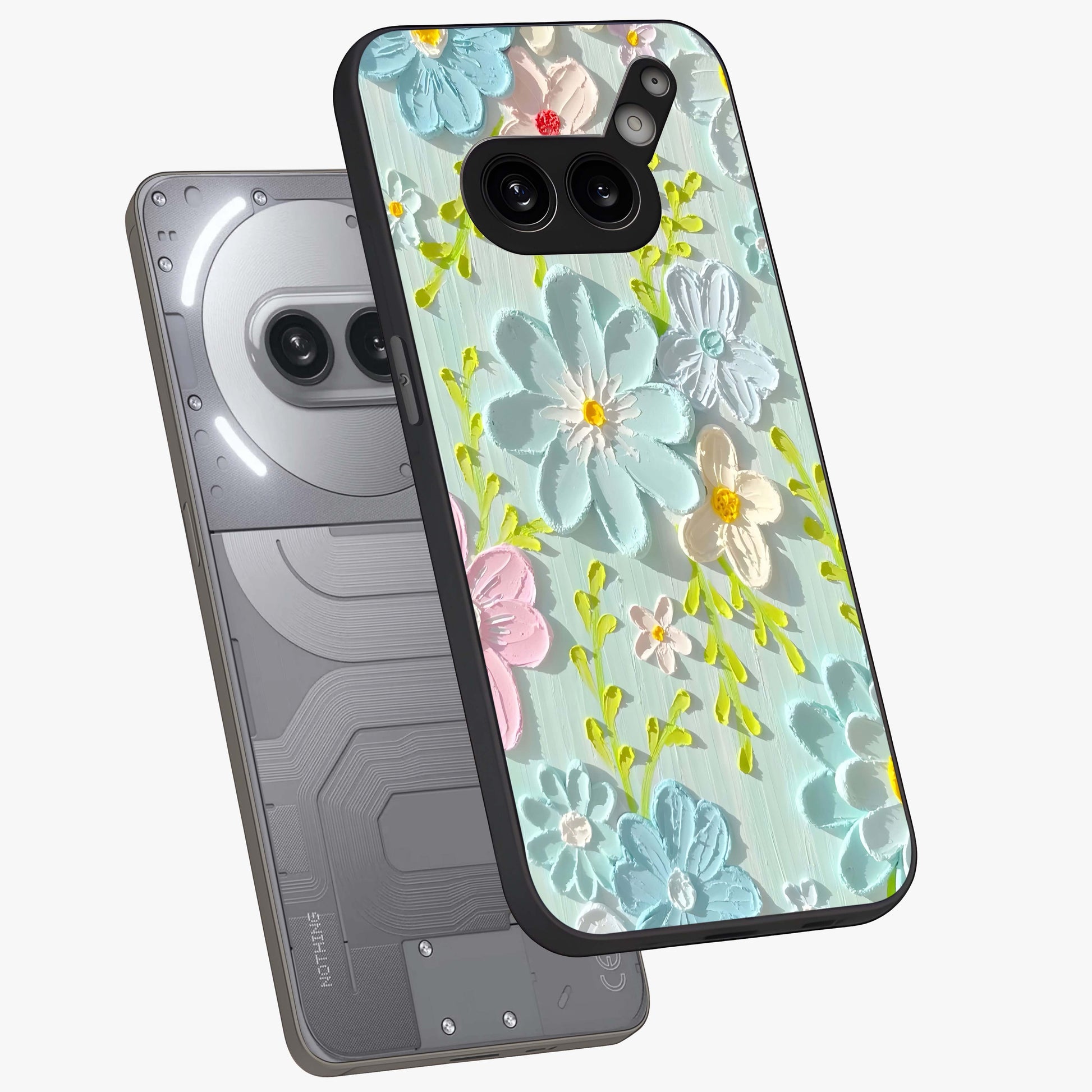 Frosted Petal Garden Glass Case displayed in angled mockup highlighting delicate flower petal design with calm garden aesthetic.