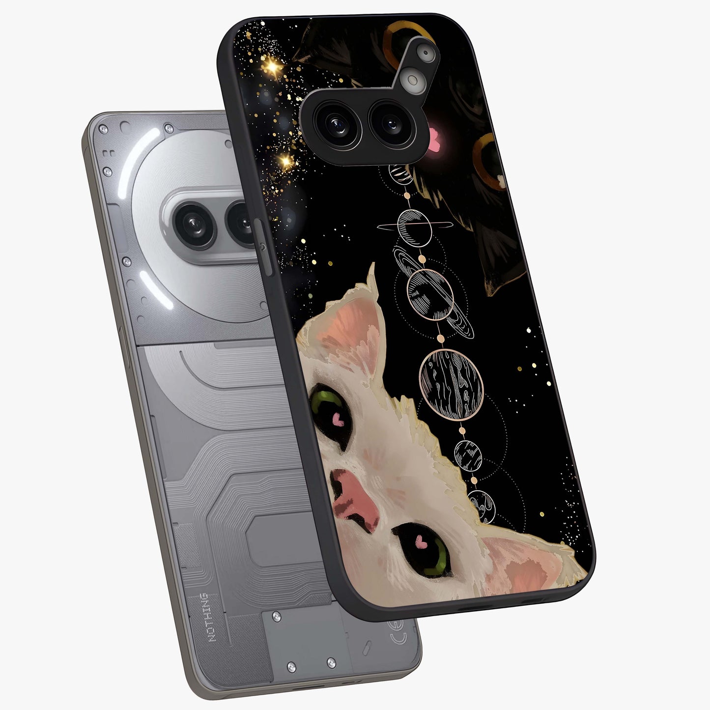 Galactic Cat Glass Case displayed in angled mockup highlighting celestial feline illustration with galaxy aesthetic style.