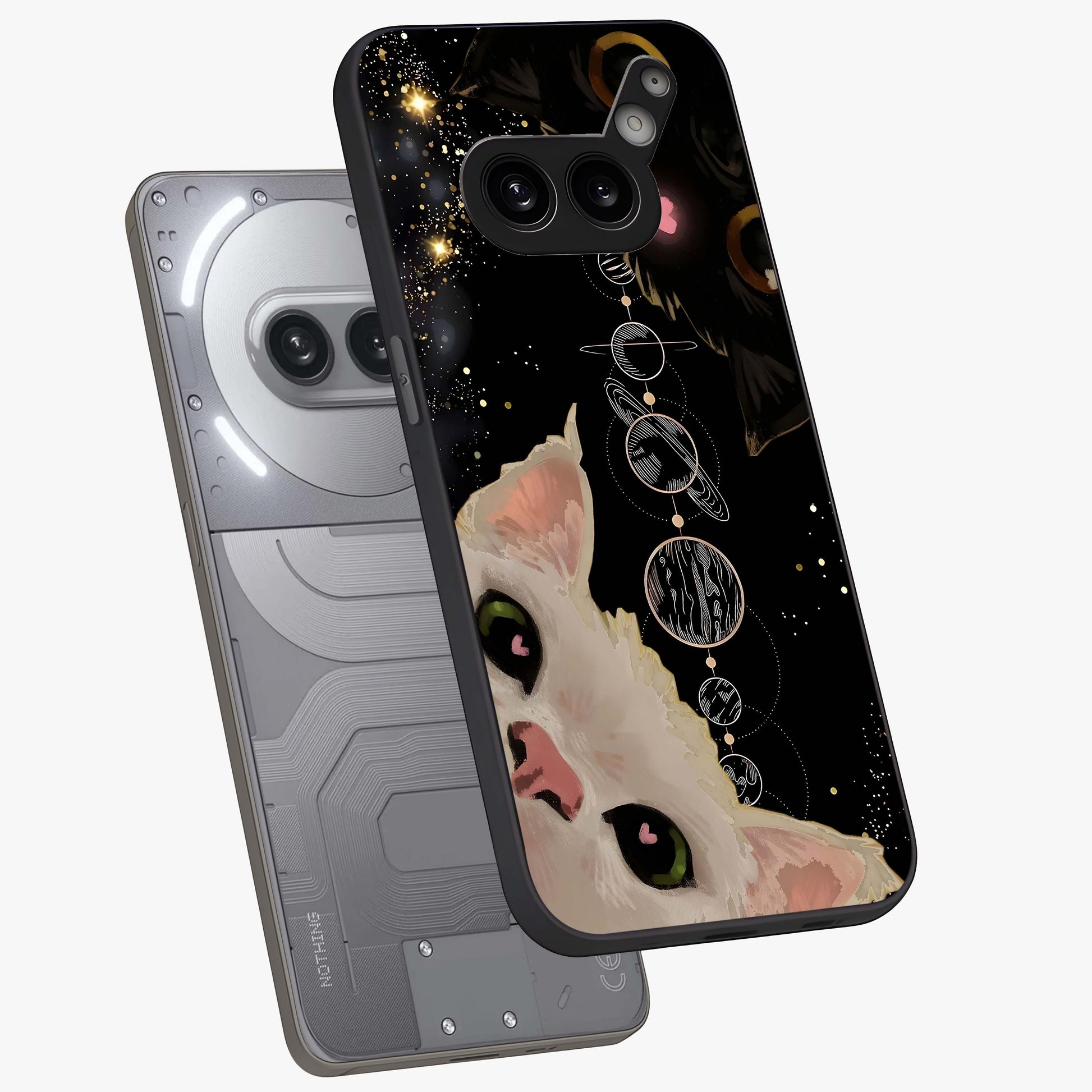 Galactic Cat Glass Case displayed in angled mockup highlighting celestial feline illustration with galaxy aesthetic style.