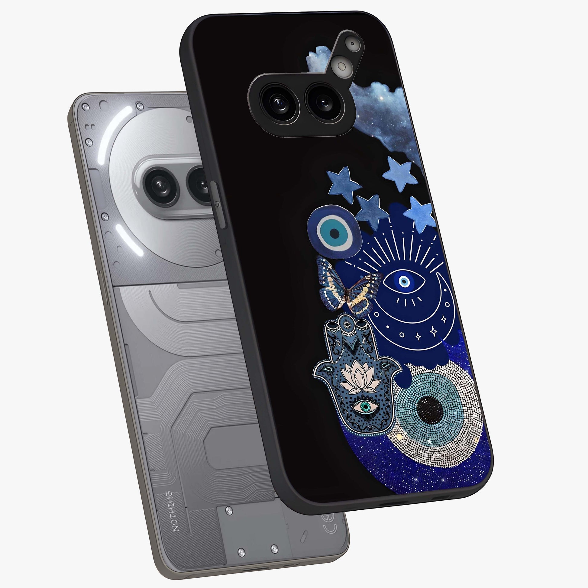 Galactic Charm Cluster Glass Case displayed in angled mockup highlighting luminous galaxy inspired design with dreamy aesthetic.