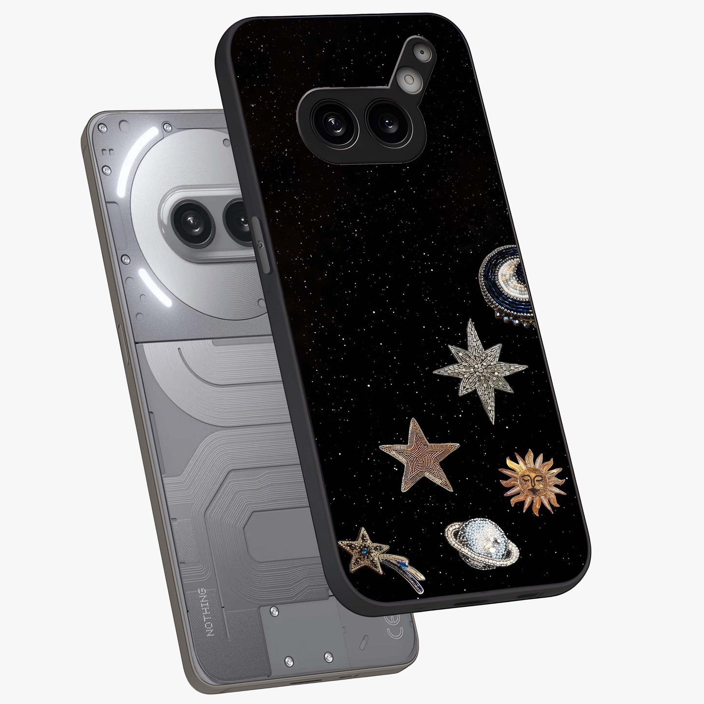 Galactic Charm Glow Glass Case displayed in angled mockup highlighting luminous galaxy inspired design with dreamy aesthetic.