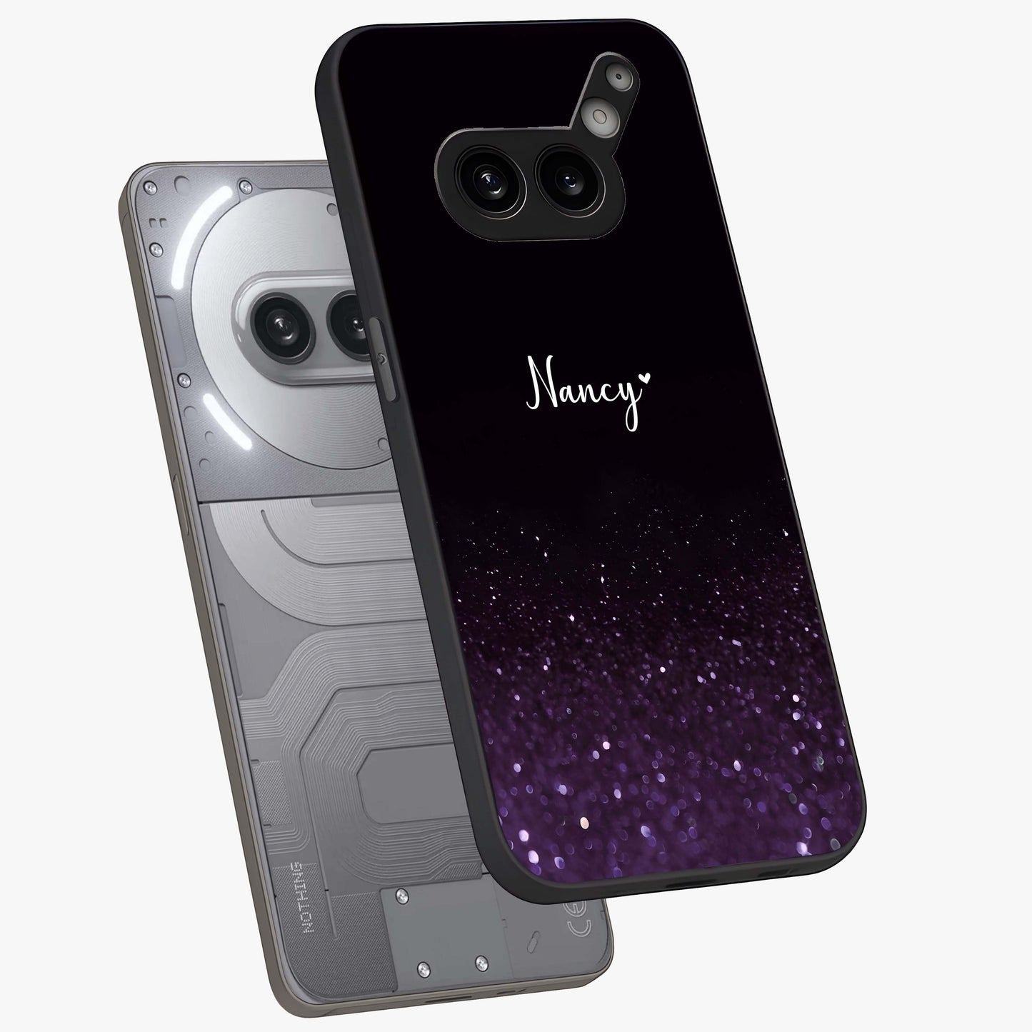 Glittery Purple Bokeh Custom Name Glass Case displayed in angled mockup highlighting glitter bokeh pattern with custom name feature.