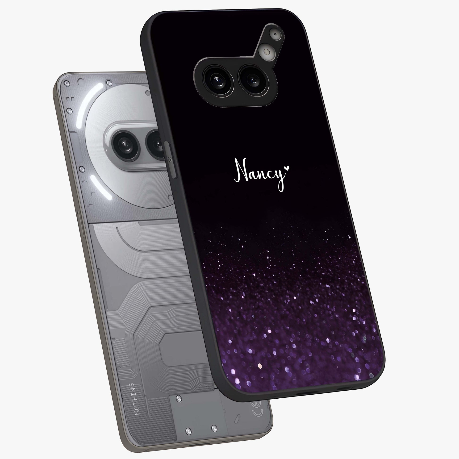 Glittery Purple Bokeh Custom Name Glass Case displayed in angled mockup highlighting glitter bokeh pattern with custom name feature.