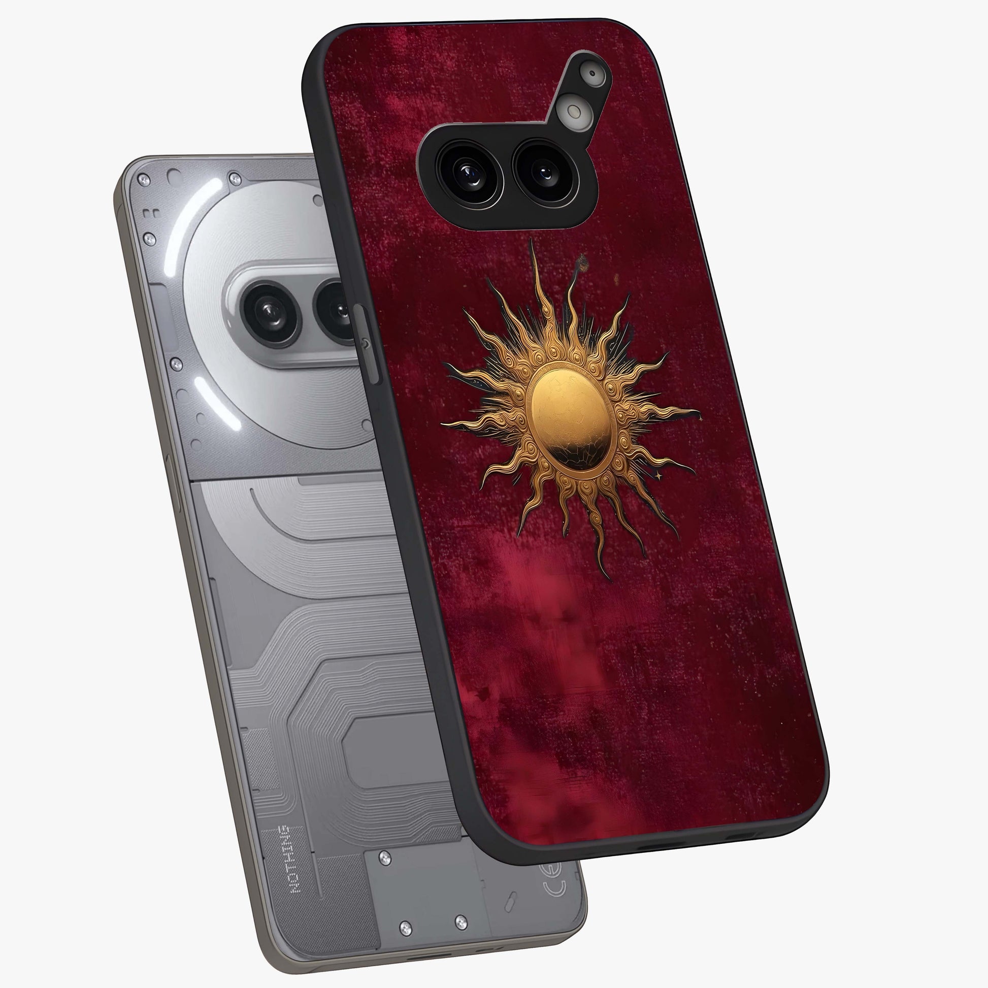 Golden Sun Minimalism Glass Case displayed in angled mockup highlighting clean sun symbol design with modern minimal aesthetic.