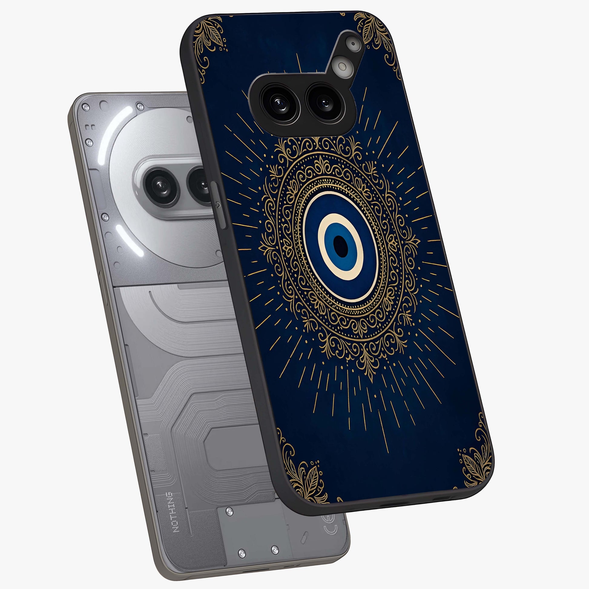 Golden Celestial Charm Glass Case displayed in angled mockup highlighting sparkling cosmic charm design with celestial aesthetic.
