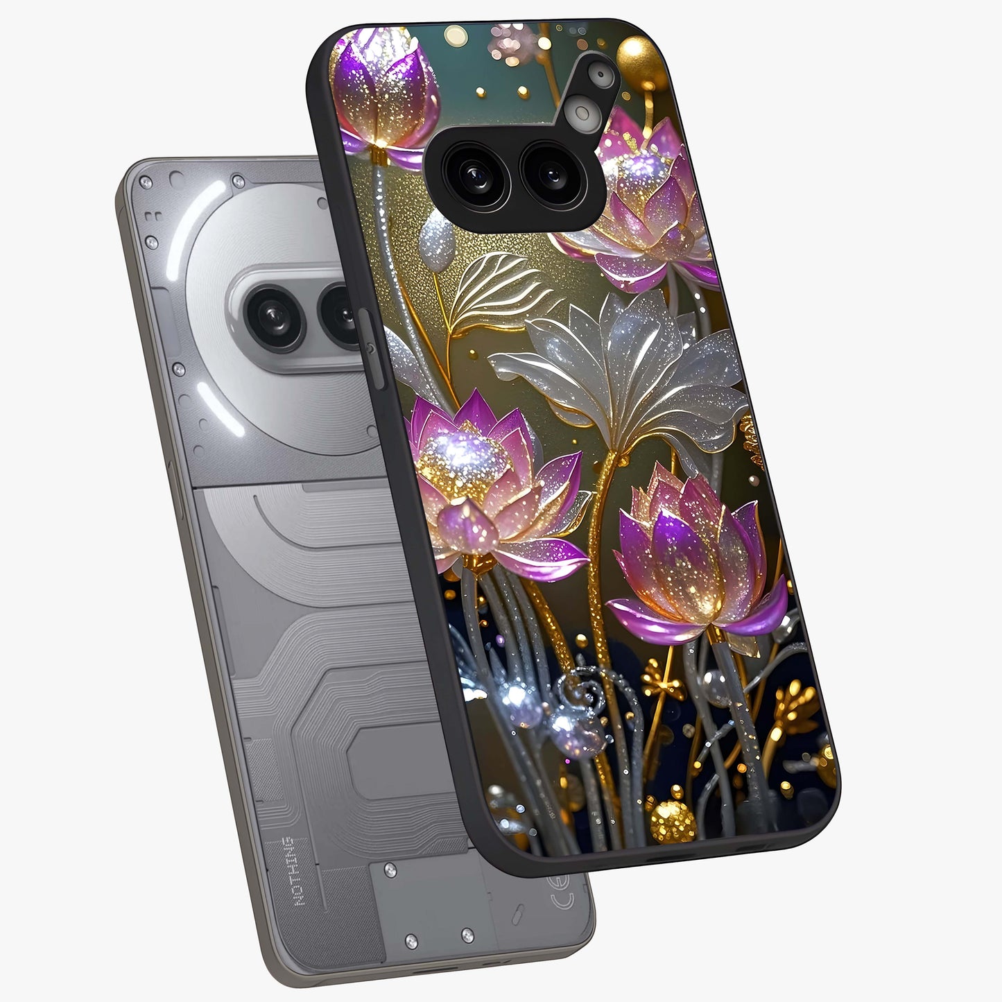 Golden Floral Majesty Glass Case displayed in angled mockup highlighting elegant flower design with royal golden aesthetic.