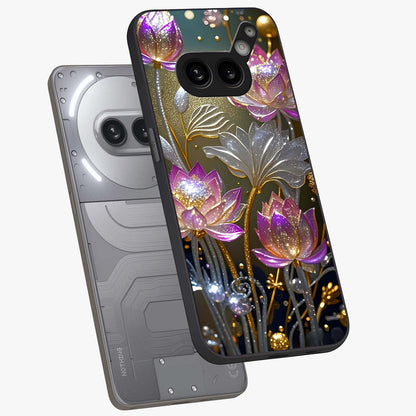 Golden Floral Majesty Glass Case displayed in angled mockup highlighting elegant flower design with royal golden aesthetic.