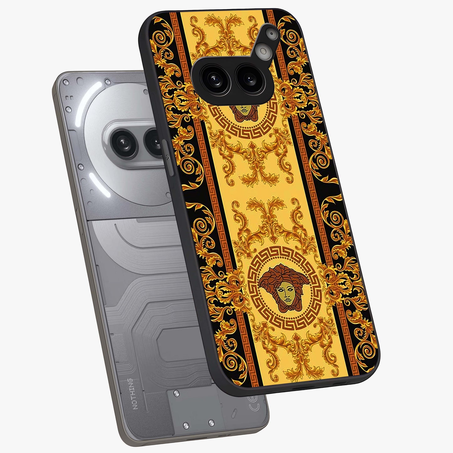 Golden Lotus Glow Glass Case displayed in angled mockup highlighting radiant lotus illustration with spiritual aesthetic.