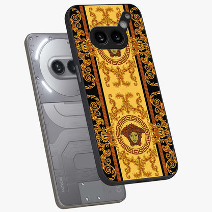 Golden Lotus Glow Glass Case displayed in angled mockup highlighting radiant lotus illustration with spiritual aesthetic.