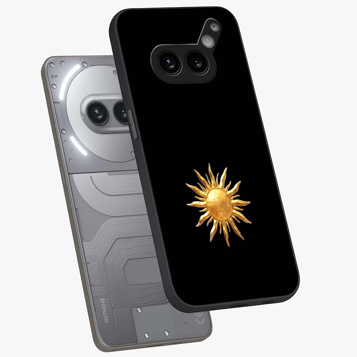 Golden Sun Minimalism Glass Case displayed in angled mockup highlighting eerie shadow illustration with gothic aesthetic.