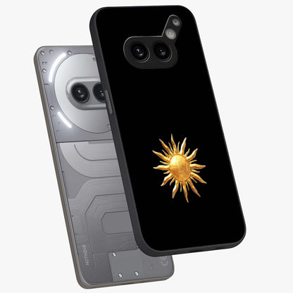 Golden Sun Minimalism Glass Case displayed in angled mockup highlighting eerie shadow illustration with gothic aesthetic.
