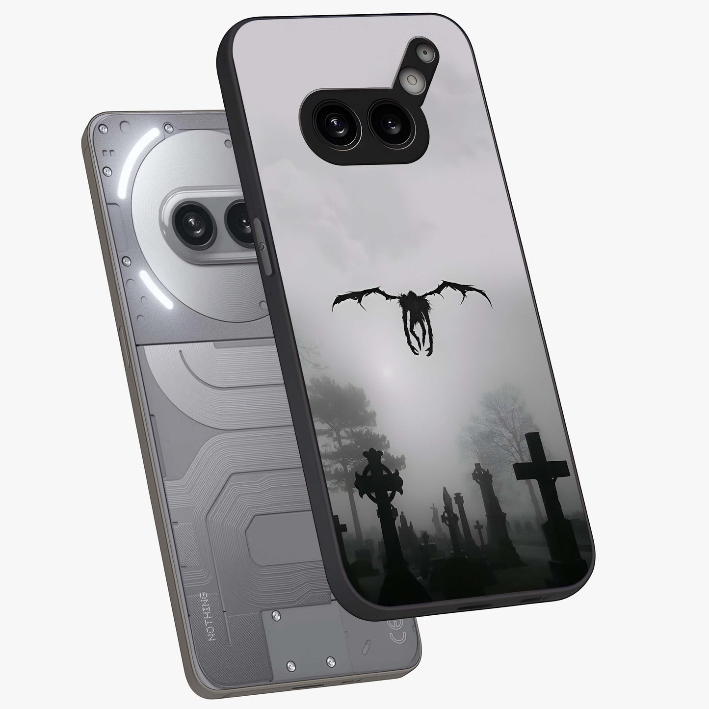 Graveyard Shadow Descent Glass Case displayed in angled mockup highlighting eerie shadow illustration with gothic aesthetic.
