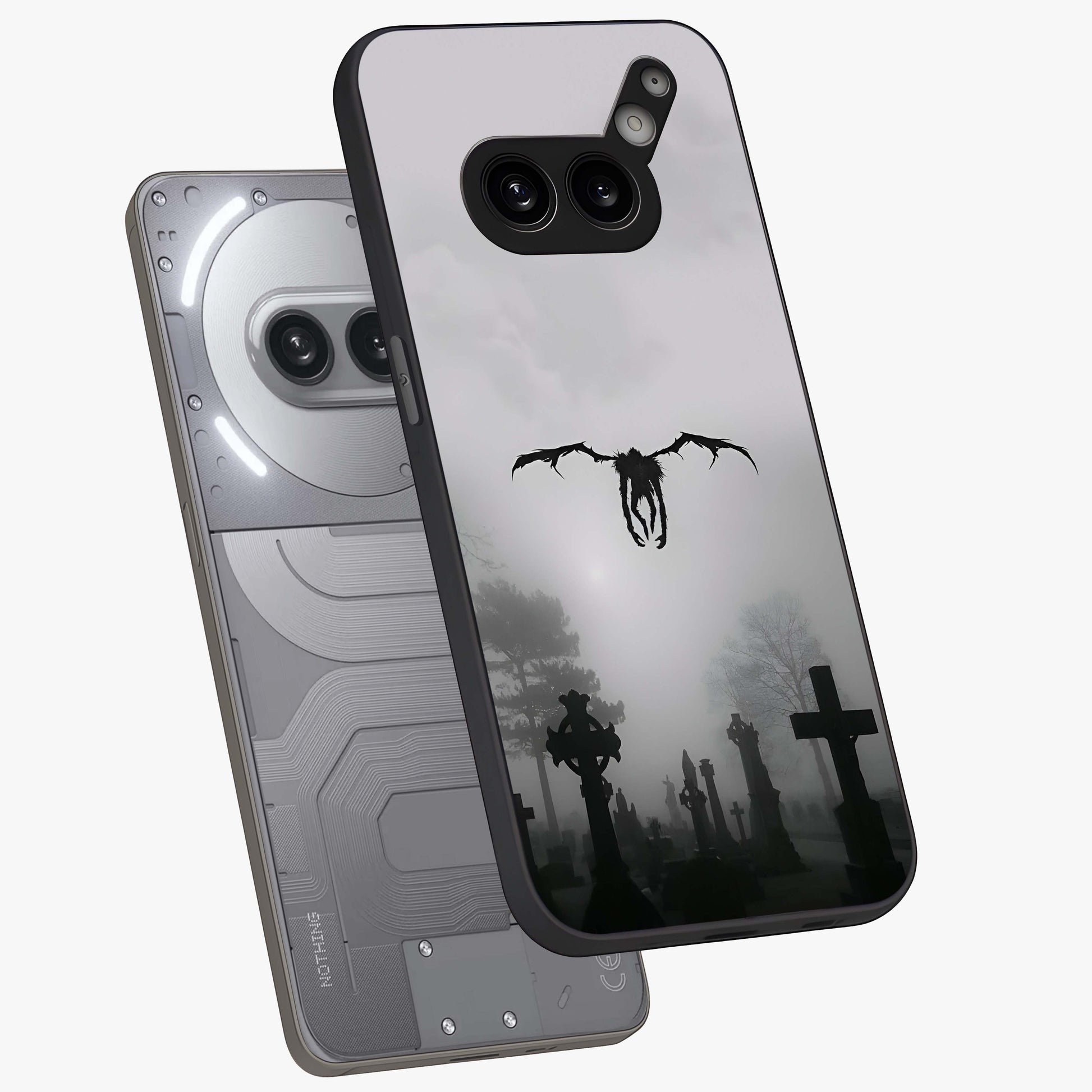 Graveyard Shadow Descent Glass Case displayed in angled mockup highlighting eerie shadow illustration with gothic aesthetic.