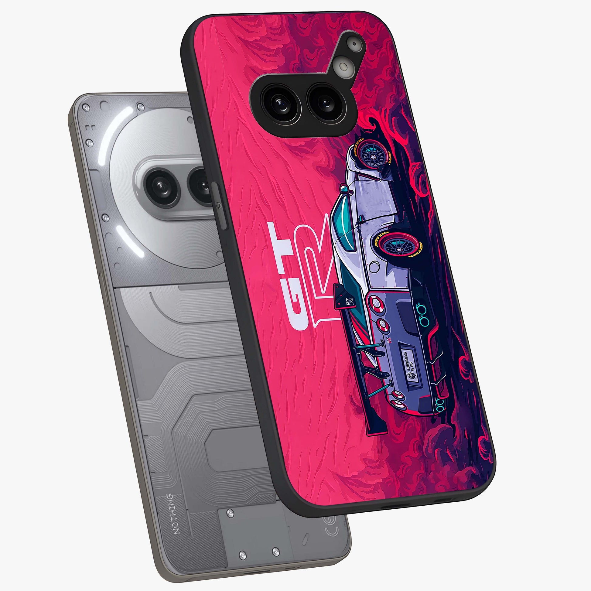 GT-R Car Pattern Glass Case displayed in angled mockup highlighting racing car graphic design with bold automotive aesthetic.