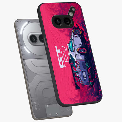GT-R Car Pattern Glass Case displayed in angled mockup highlighting racing car graphic design with bold automotive aesthetic.