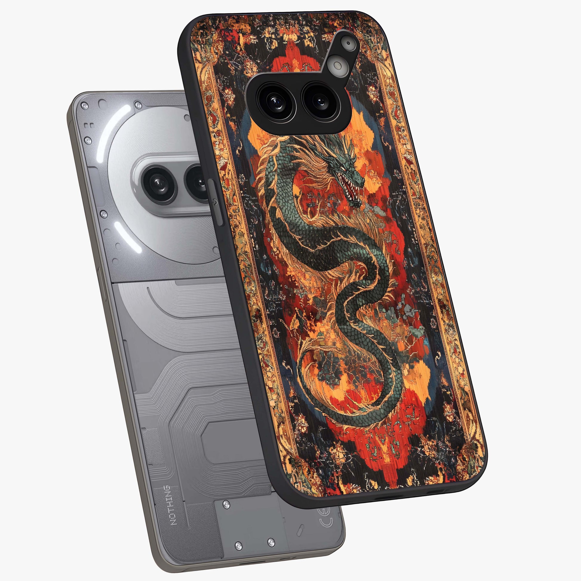 Inferno Dragon Soul Glass Case displayed in angled mockup highlighting powerful dragon illustration with inferno aesthetic.