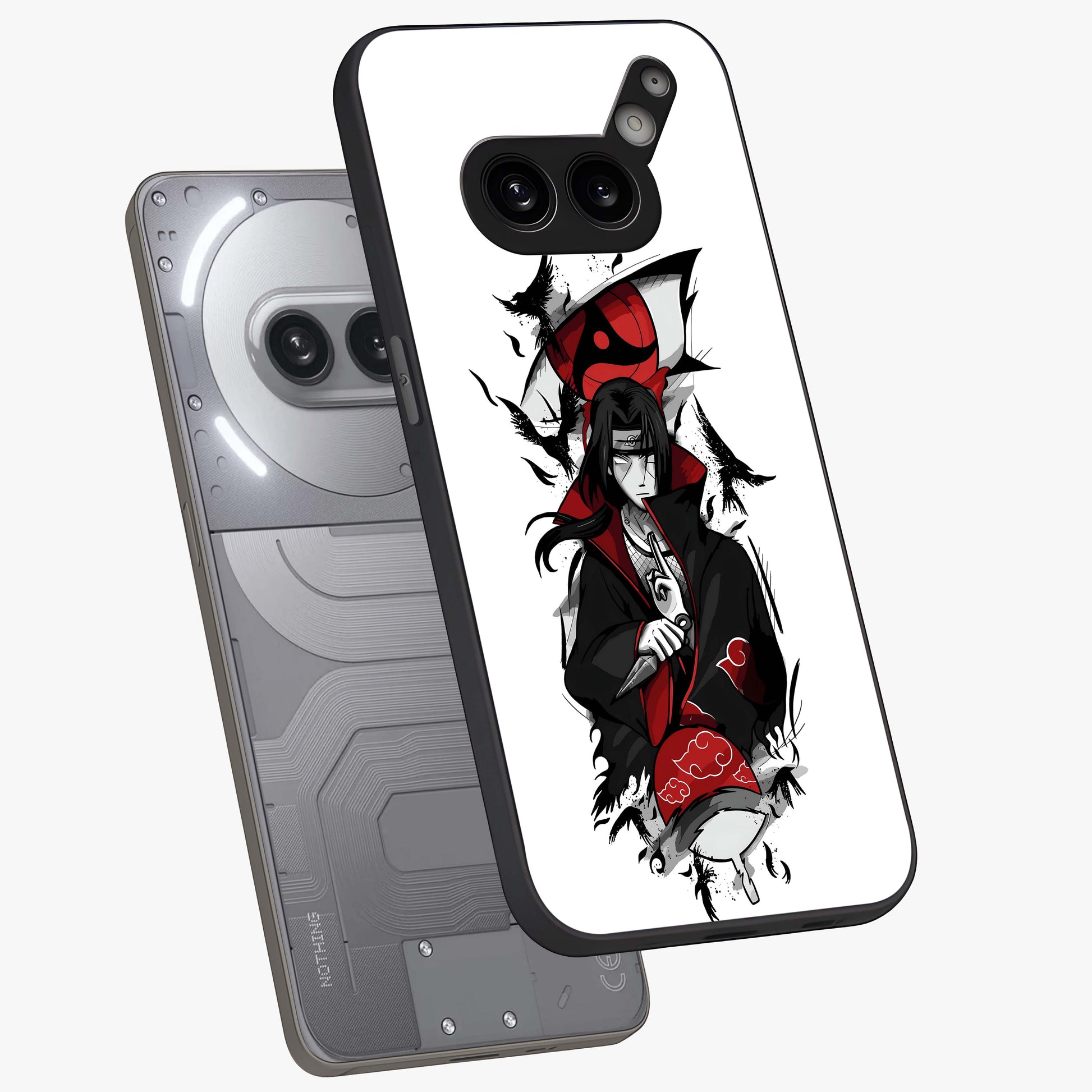 Itachi Limited Edition Naruto Anime Glass Case displayed in angled mockup highlighting dramatic anime illustration with bold action aesthetic.