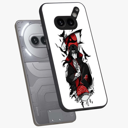 Itachi Limited Edition Naruto Anime Glass Case displayed in angled mockup highlighting dramatic anime illustration with bold action aesthetic.