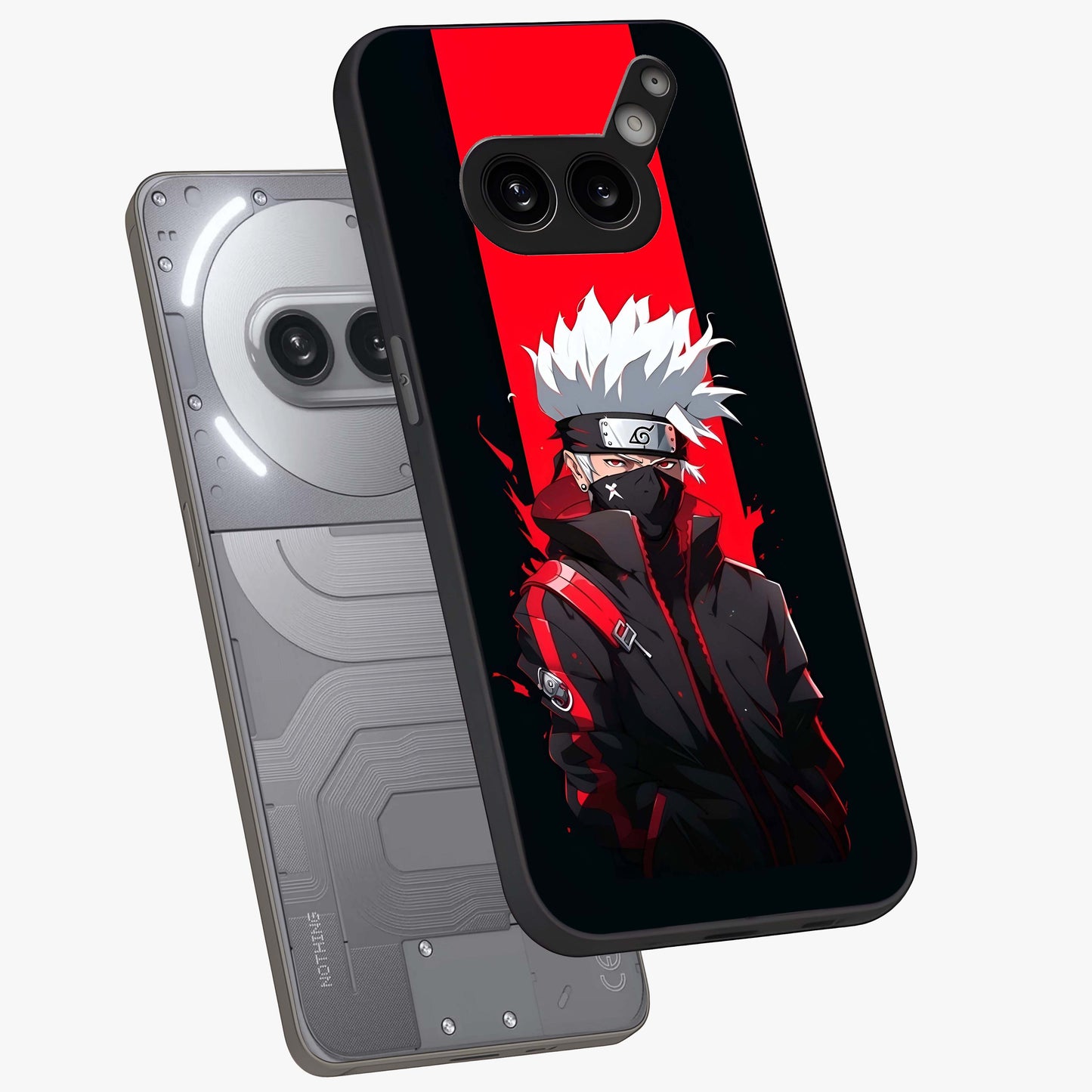 Kakashi Scarlet Shadow Glass Case displayed in angled mockup highlighting dramatic ninja illustration with scarlet themed aesthetic.