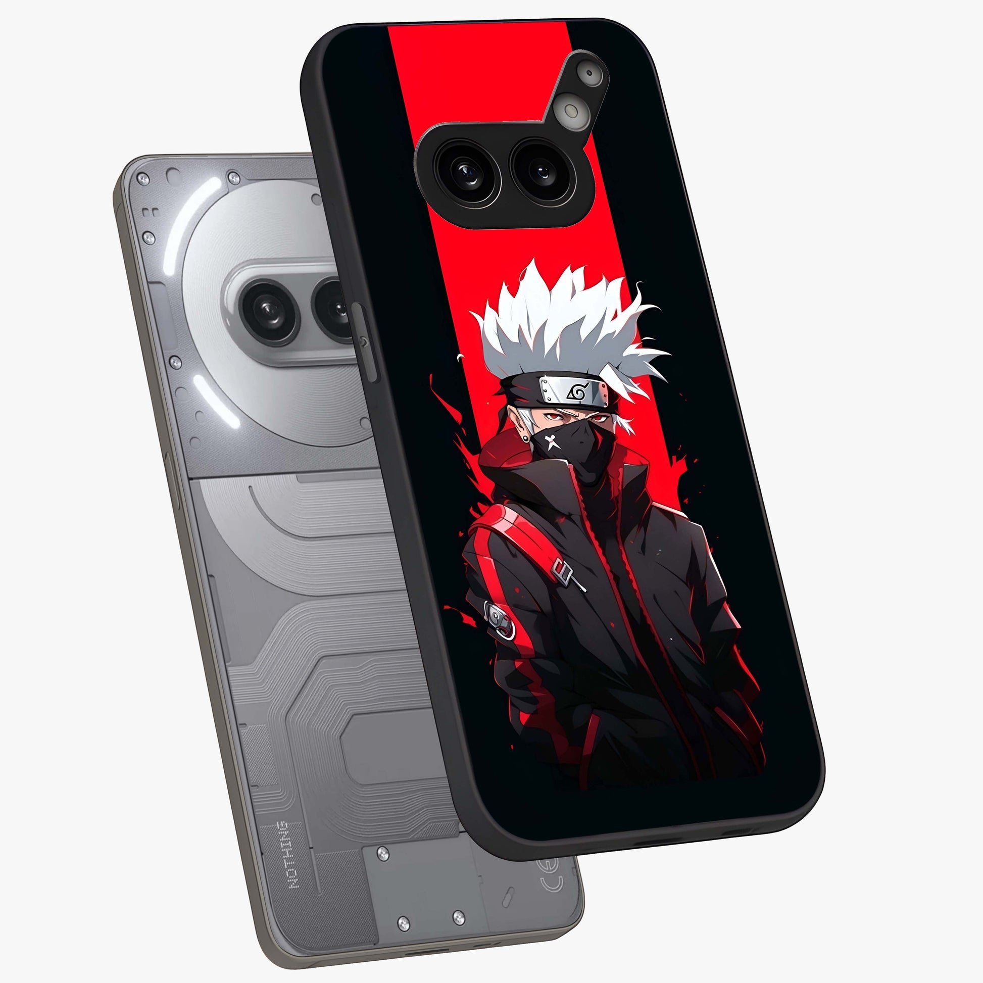Kakashi Scarlet Shadow Glass Case displayed in angled mockup highlighting dramatic ninja illustration with scarlet themed aesthetic.