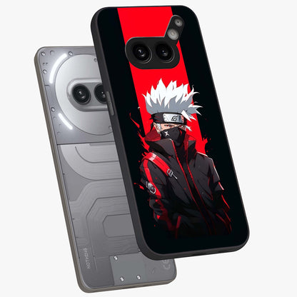 Kakashi Scarlet Shadow Glass Case displayed in angled mockup highlighting dramatic ninja illustration with scarlet themed aesthetic.