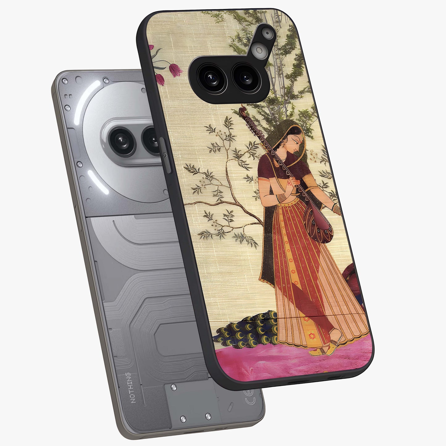 Lady With Veena Art Glass Case displayed in angled mockup highlighting graceful musical illustration with cultural artistic aesthetic.