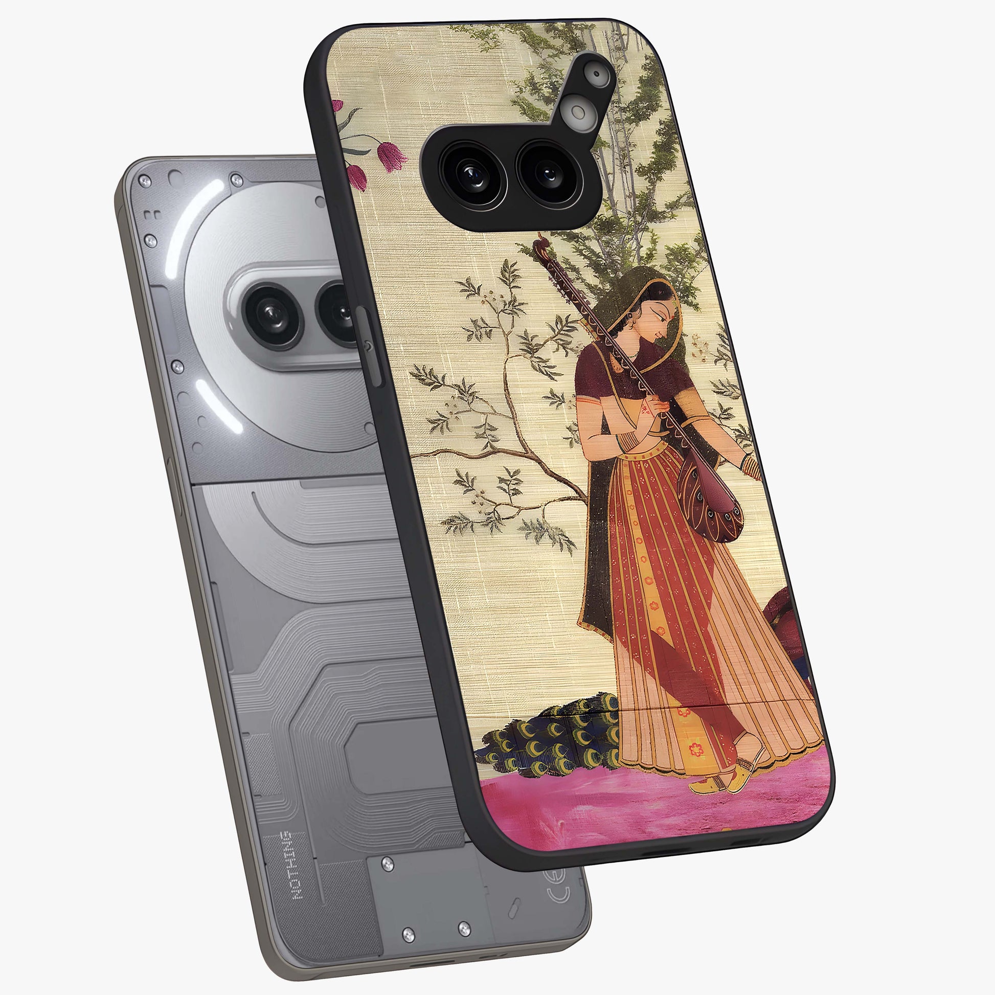 Lady With Veena Art Glass Case displayed in angled mockup highlighting graceful musical illustration with cultural artistic aesthetic.