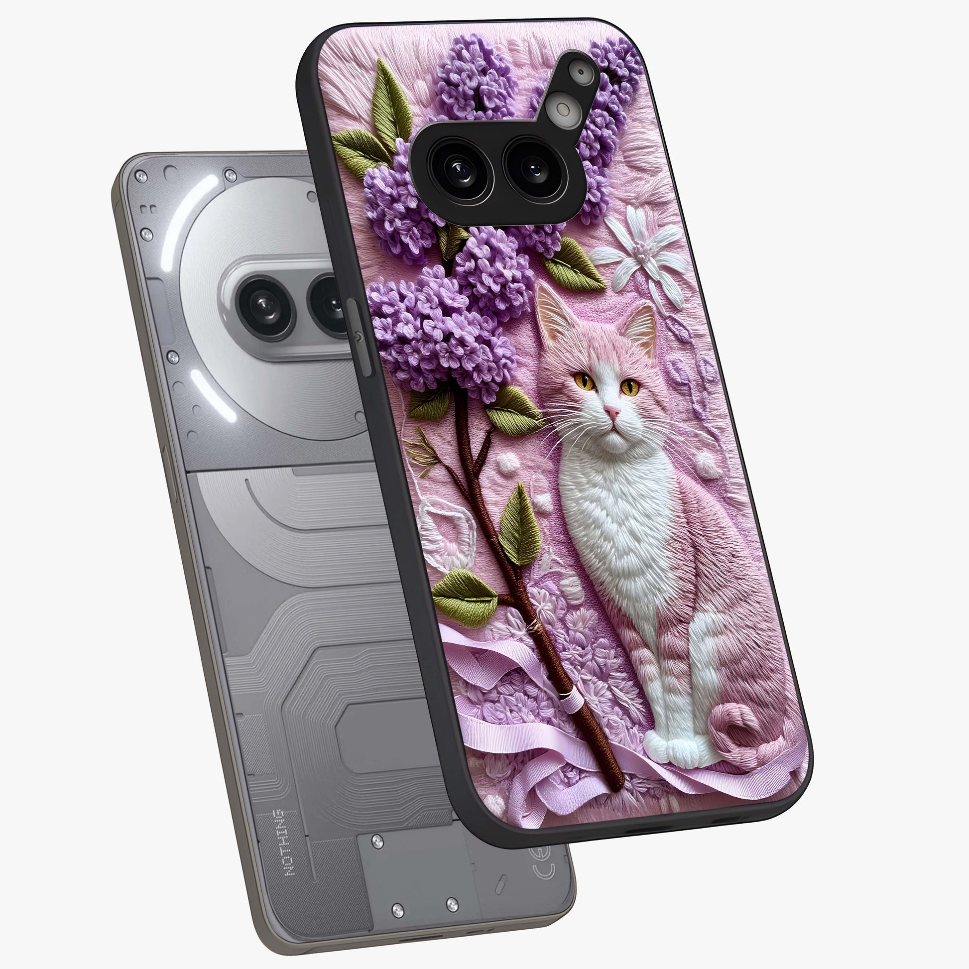 Lavender Cat Whimsy Glass Case displayed in angled mockup highlighting playful feline illustration with pastel lavender aesthetic.