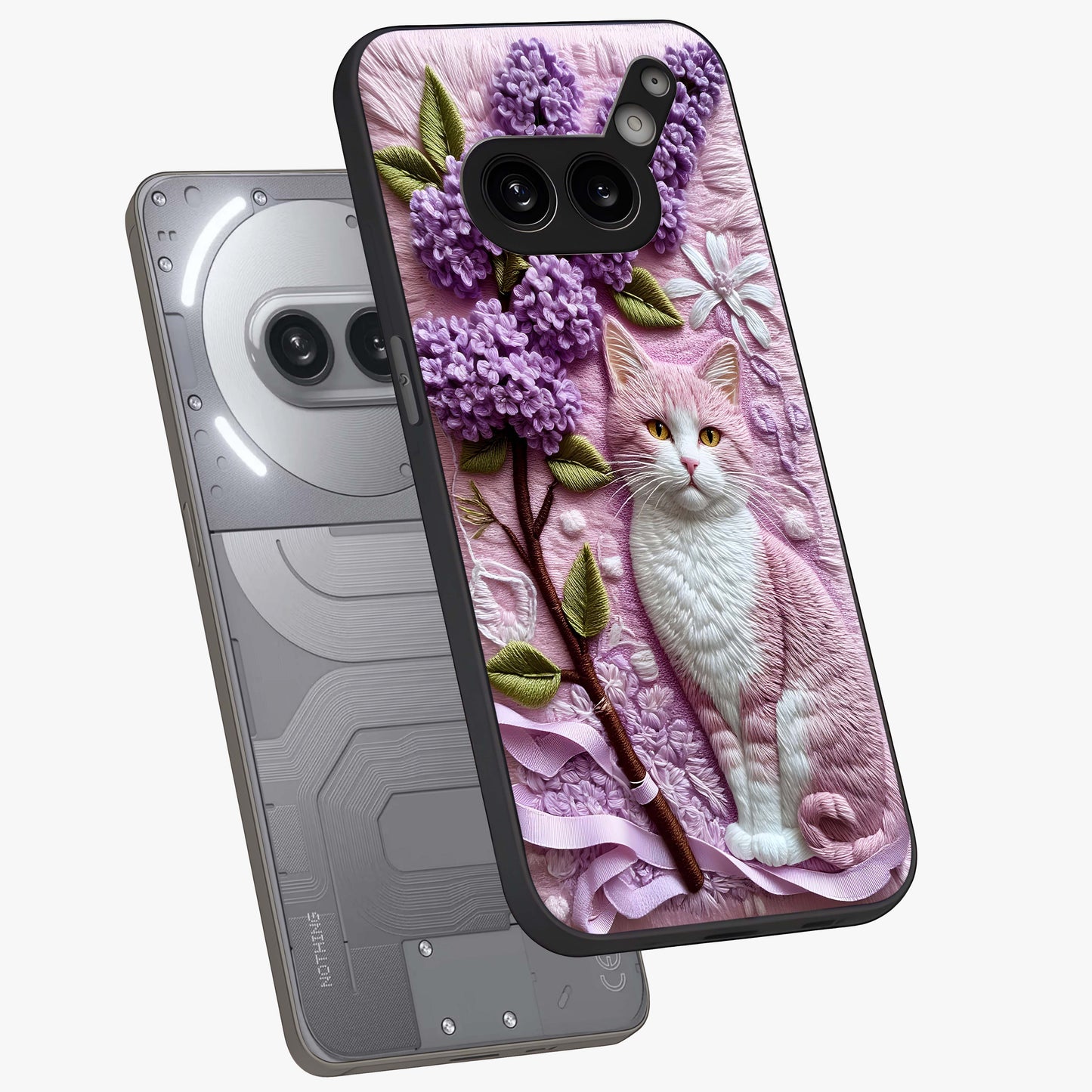 Lavender Cat Whimsy Glass Case displayed in angled mockup highlighting playful feline illustration with pastel lavender aesthetic.