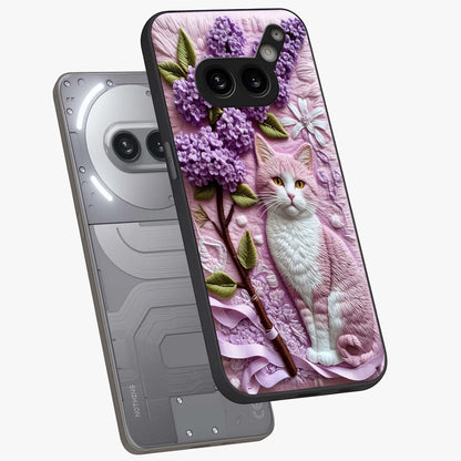 Lavender Cat Whimsy Glass Case displayed in angled mockup highlighting playful feline illustration with pastel lavender aesthetic.