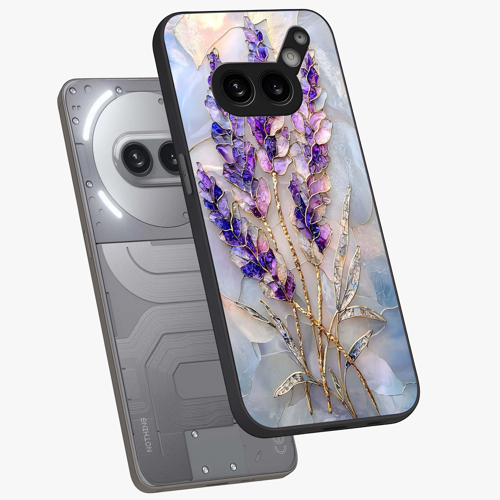 Lavender Dream Glow Glass Case displayed in angled mockup highlighting dreamy purple glow design with soft artistic style.