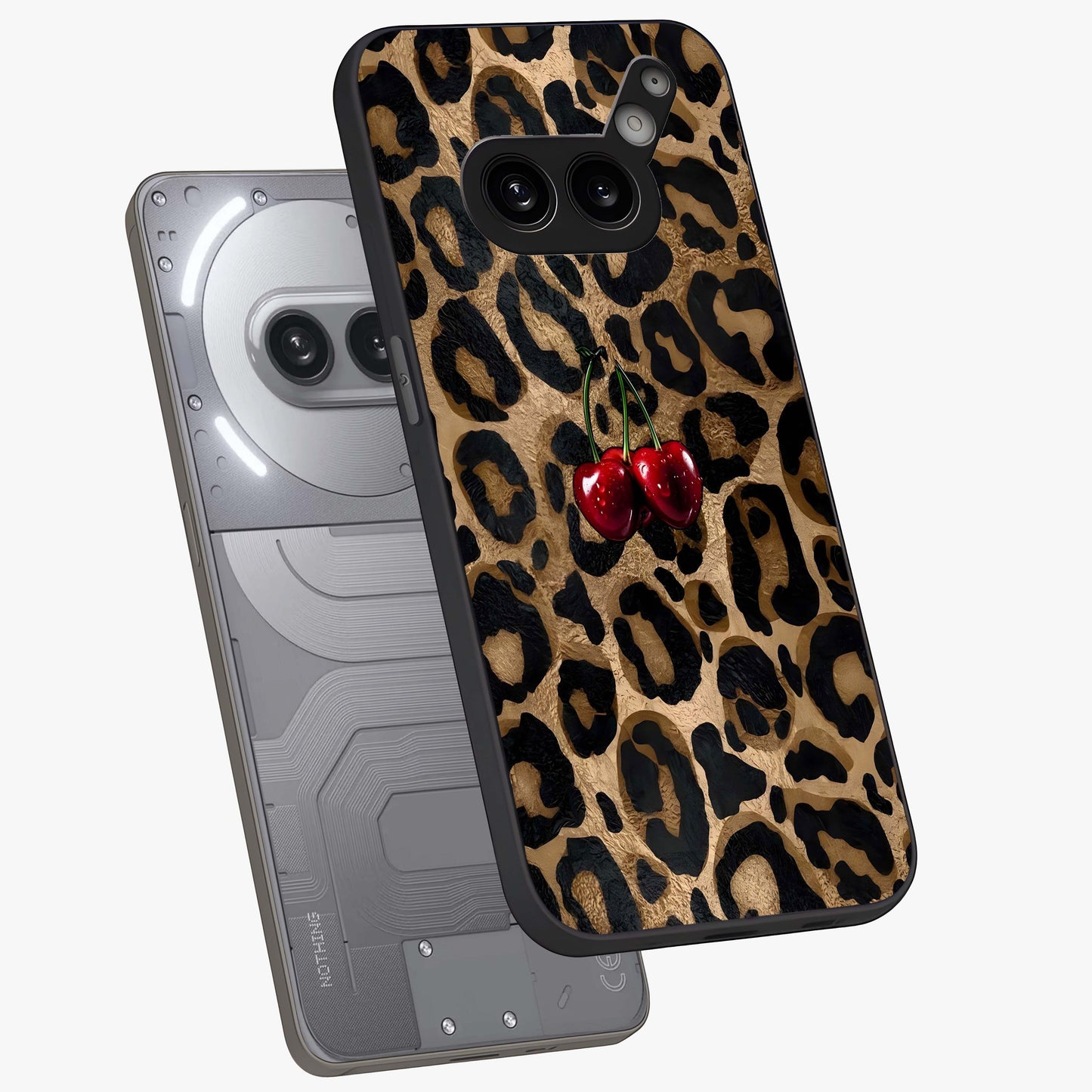 Leopard Wild Cherry Glass Case displayed in angled mockup highlighting bold animal print design with playful cherry aesthetic.
