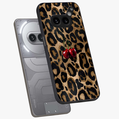Leopard Wild Cherry Glass Case displayed in angled mockup highlighting bold animal print design with playful cherry aesthetic.