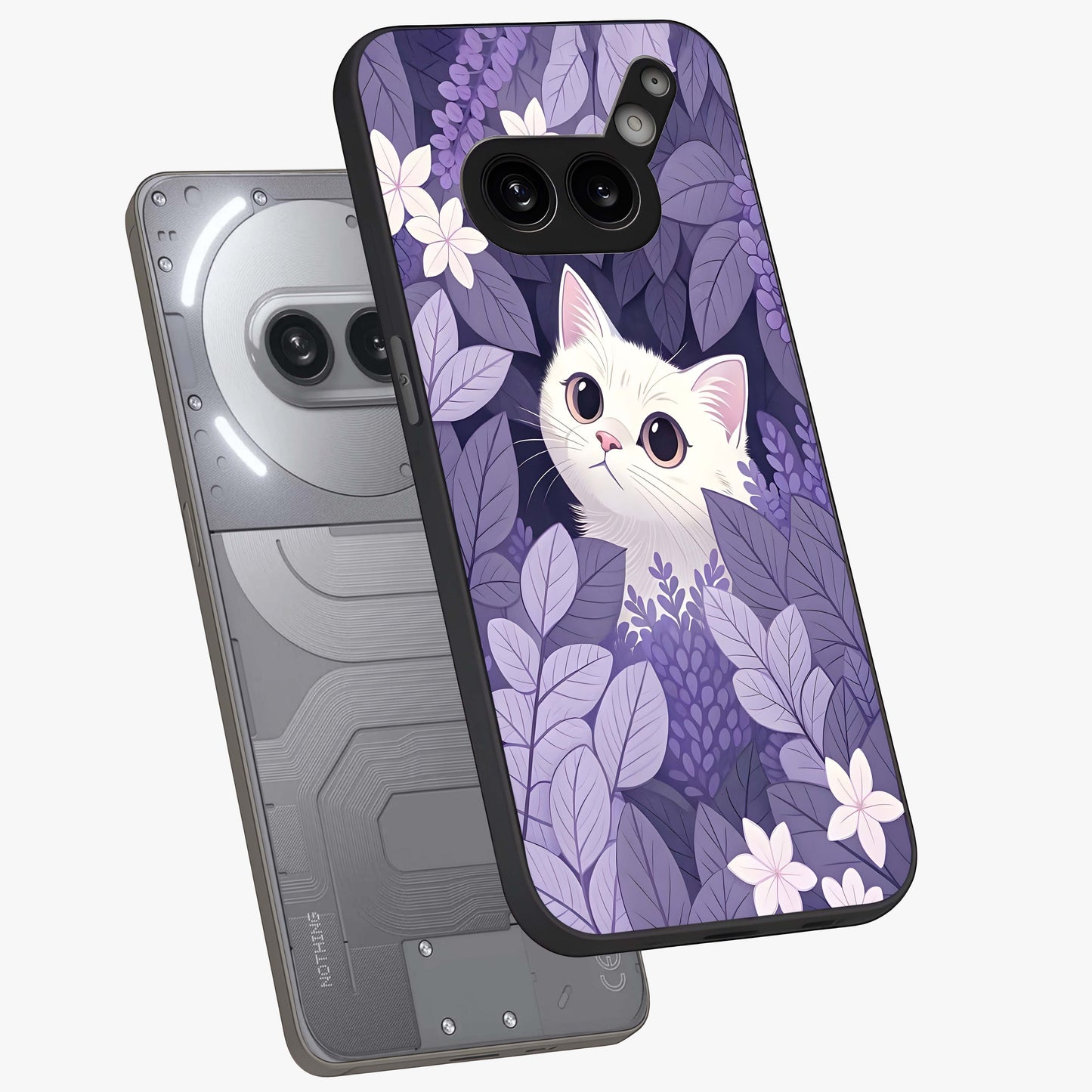 Lilac Hide Peek Cat Glass Case displayed in angled mockup highlighting playful feline illustration with lilac aesthetic design.