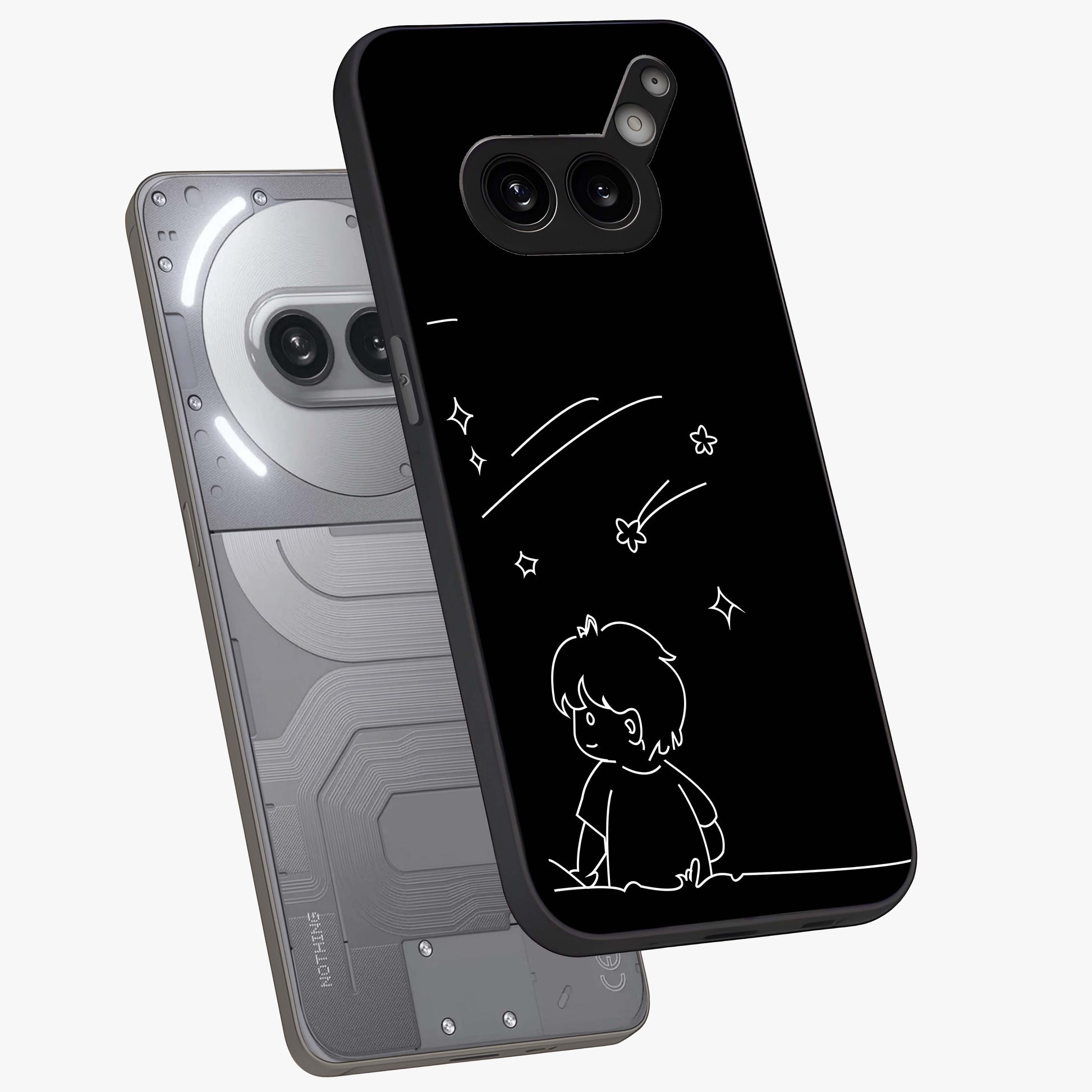 Line Art Boy With Shooting Stars Glass Case displayed in angled mockup highlighting elegant line art design with dreamy star aesthetic.