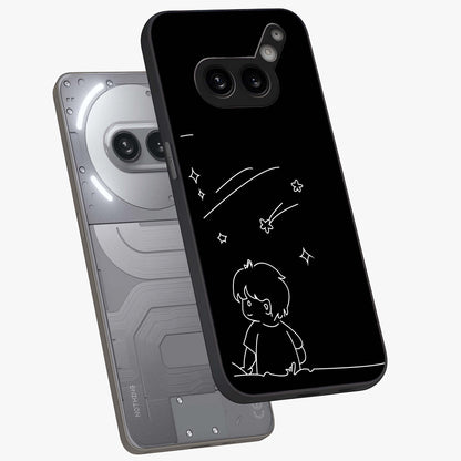 Line Art Boy With Shooting Stars Glass Case displayed in angled mockup highlighting elegant line art design with dreamy star aesthetic.