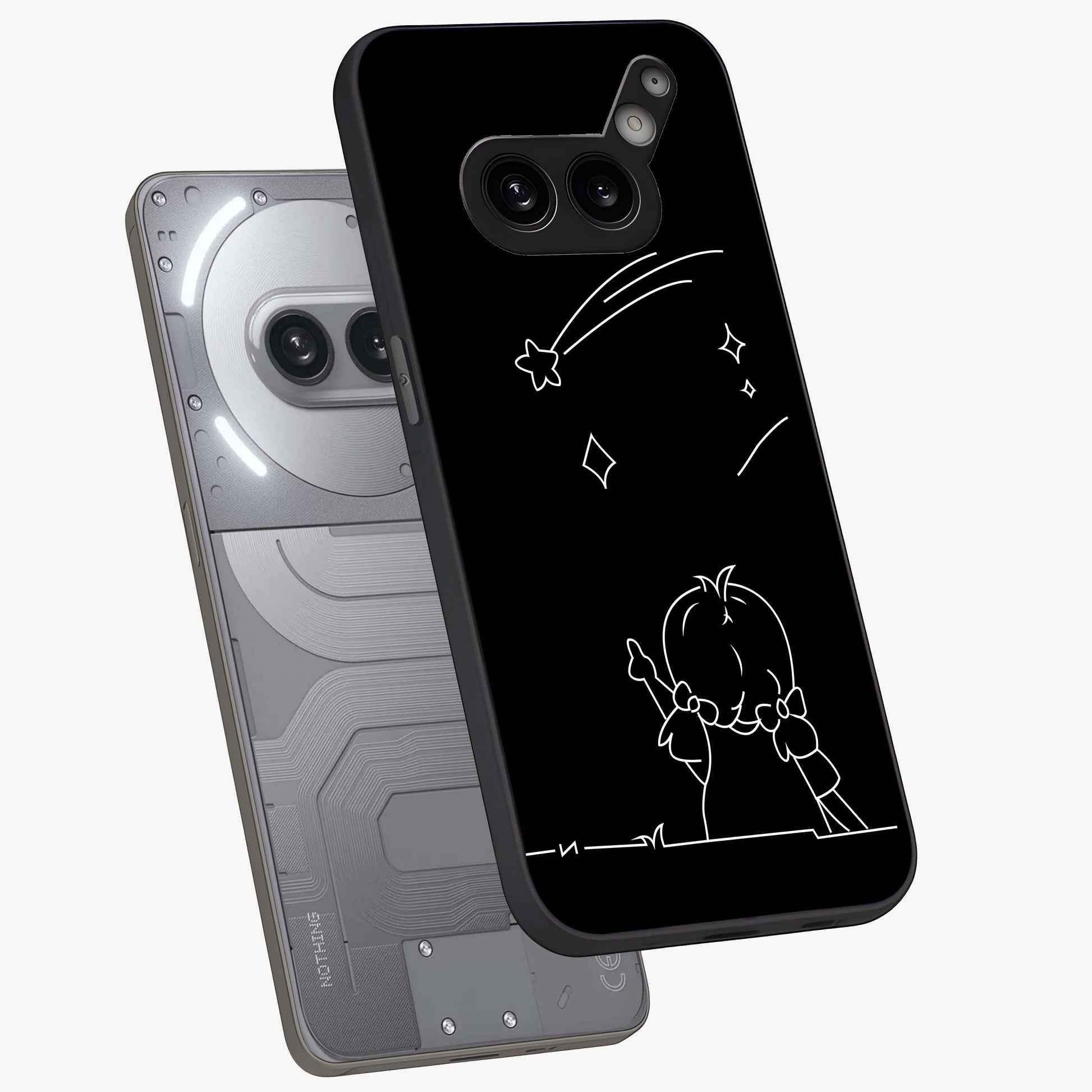 Line Art Girl With Shooting Stars Glass Case displayed in angled mockup highlighting elegant line art design with dreamy star aesthetic.