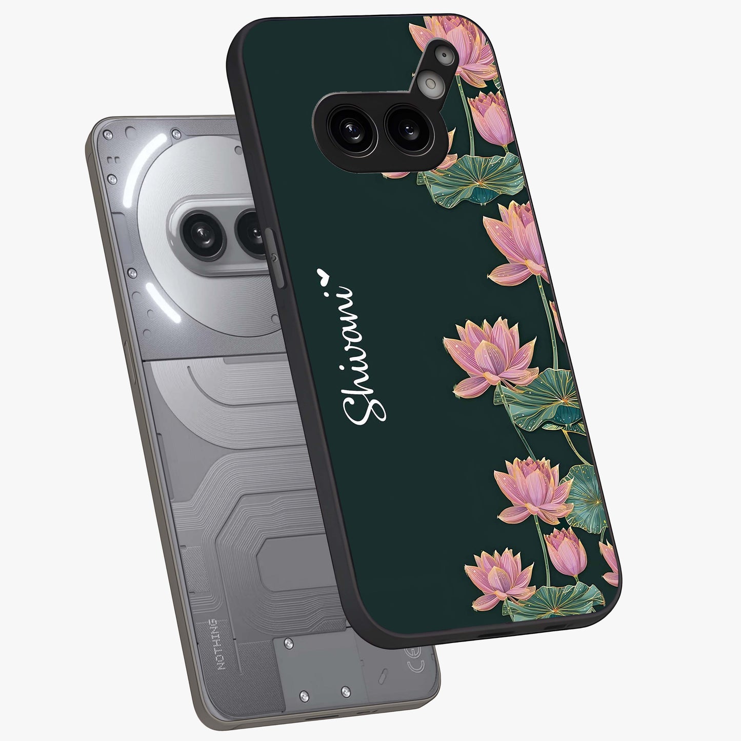 Lotus Bloom Serenity Custom Name Glass Case displayed in angled mockup highlighting graceful lotus illustration with custom name feature.