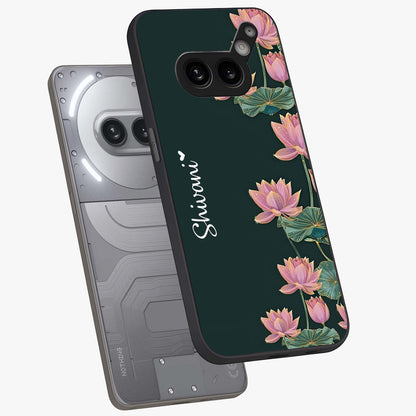 Lotus Bloom Serenity Custom Name Glass Case displayed in angled mockup highlighting graceful lotus illustration with custom name feature.
