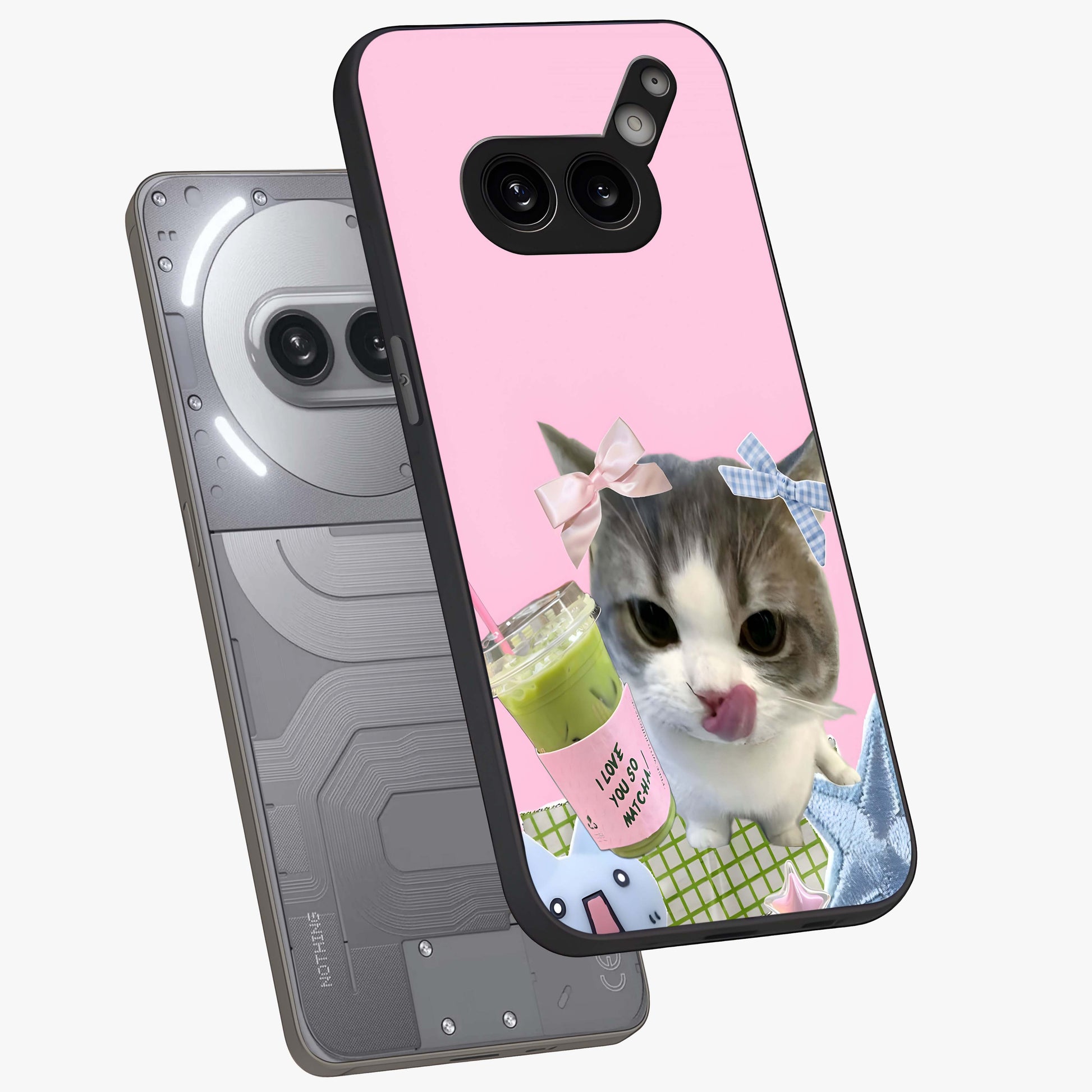 Love Matcha Cat Glass Case displayed in angled mockup highlighting playful feline illustration with cozy matcha aesthetic.