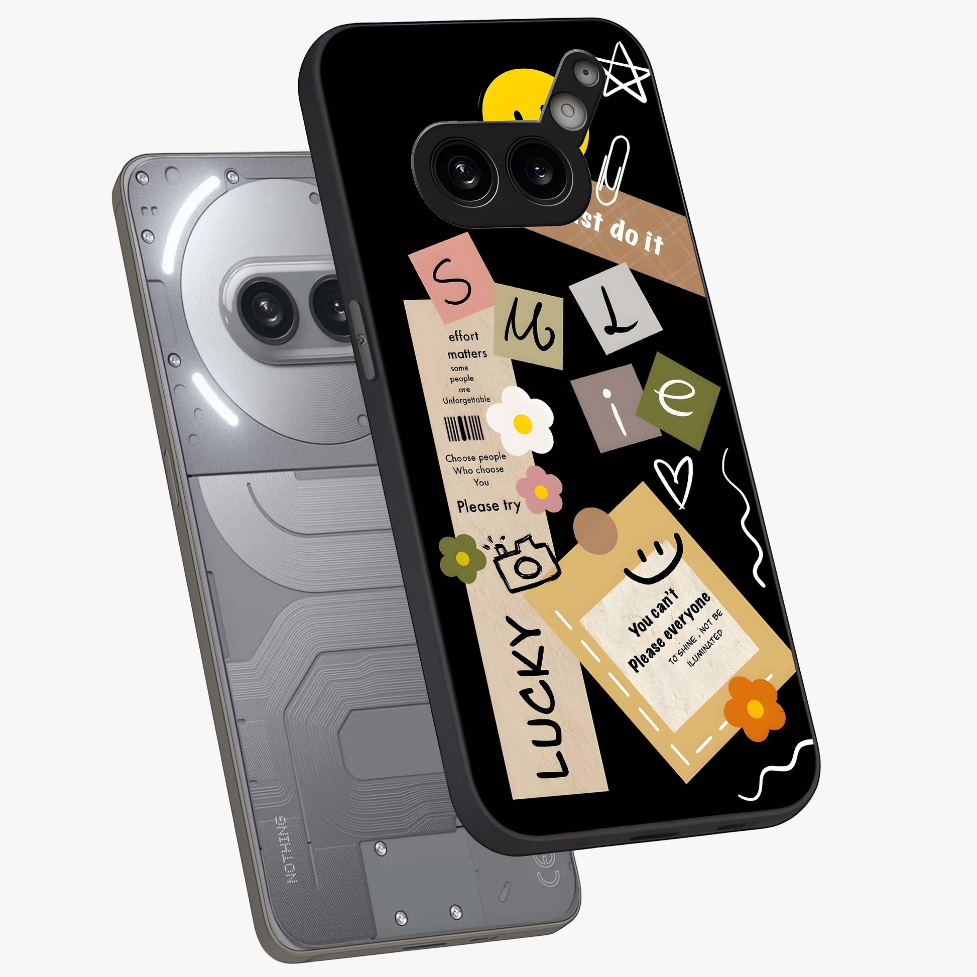 Lucky Aesthetic Collage Glass Case displayed in angled mockup highlighting stylish collage pattern with modern aesthetic vibe.