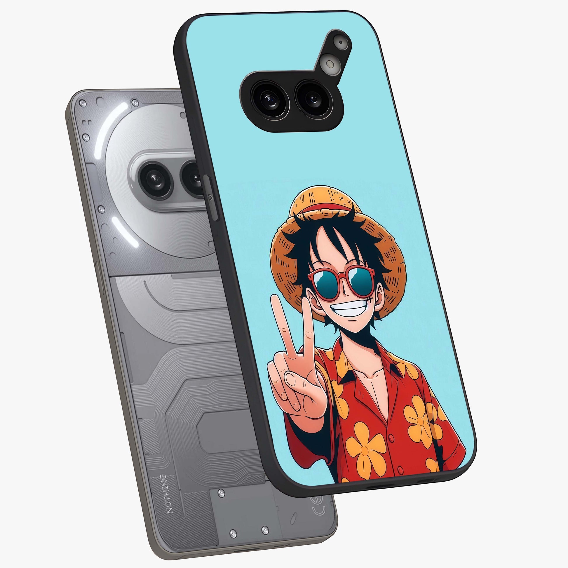 Luffy Summer Anime Vibe Glass Case displayed in angled mockup highlighting energetic anime illustration with summer vibe aesthetic.