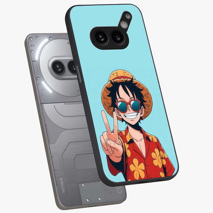 Luffy Summer Anime Vibe Glass Case displayed in angled mockup highlighting energetic anime illustration with summer vibe aesthetic.