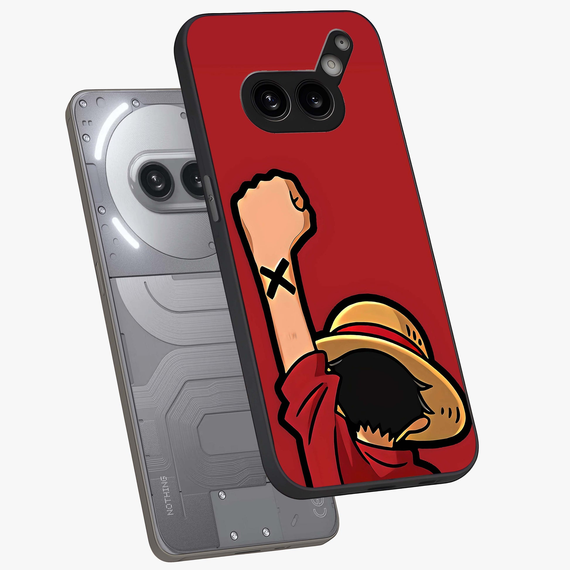 Luffy X Spirit Glass Case displayed in angled mockup highlighting powerful anime design with energetic action aesthetic.