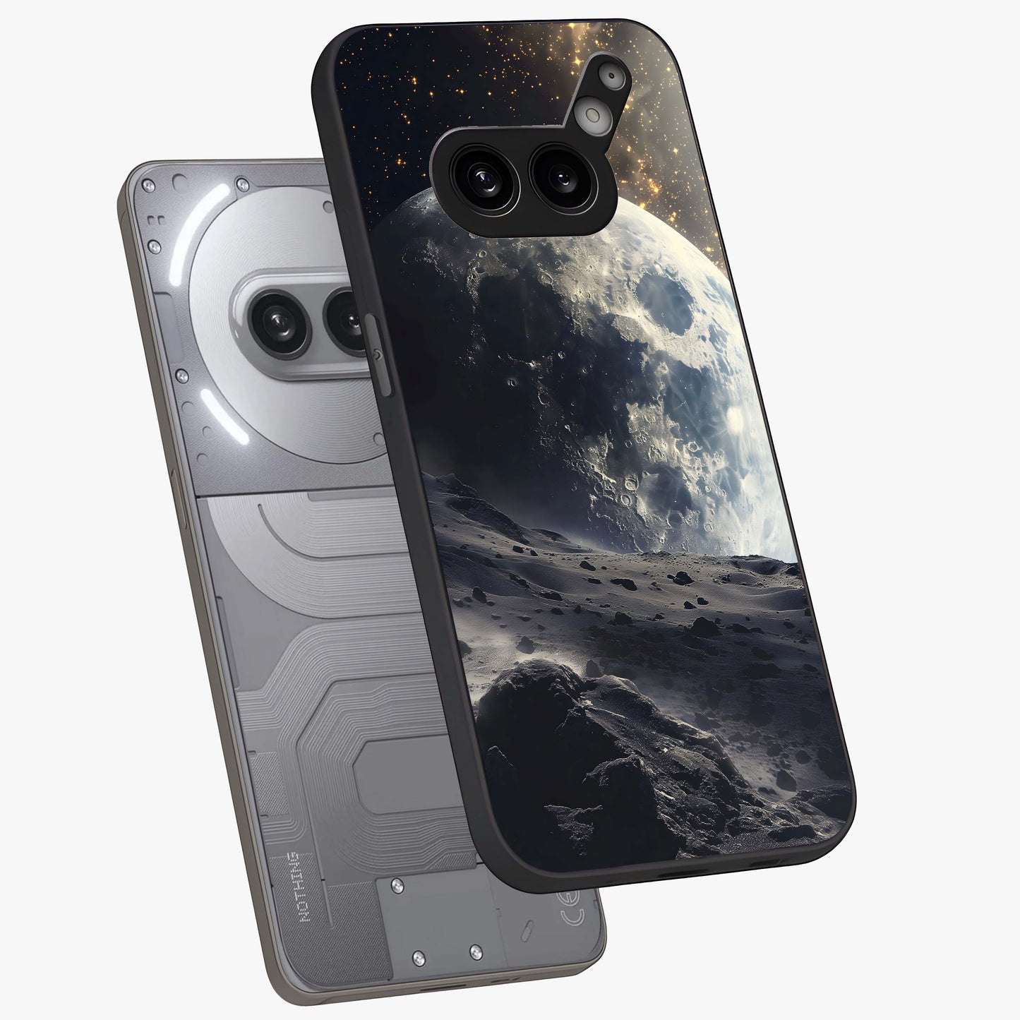 Lunar Horizon Glow Glass Case displayed in angled mockup highlighting celestial moon design with dreamy night aesthetic.