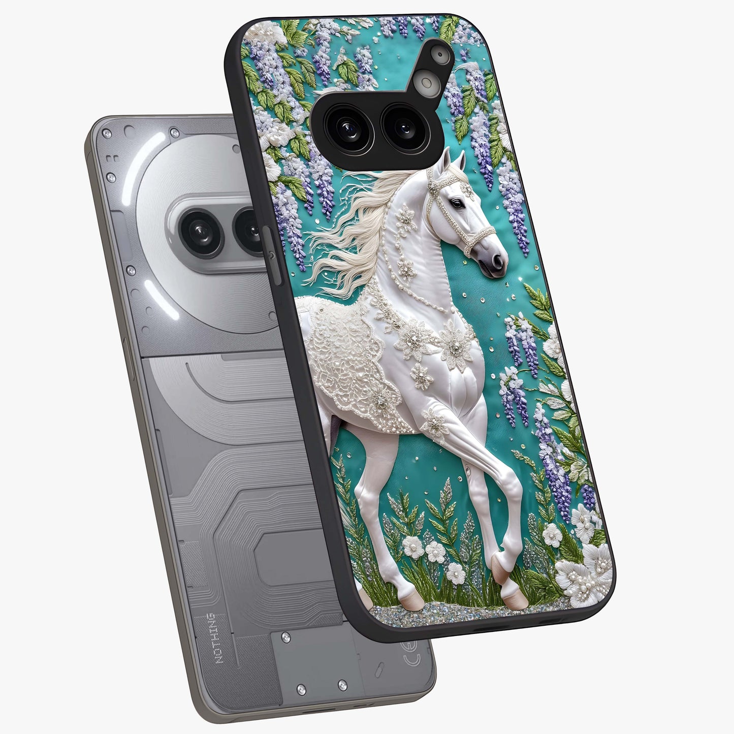 Majestic Floral Stallion Glass Case displayed in angled mockup highlighting majestic stallion illustration with elegant floral aesthetic.